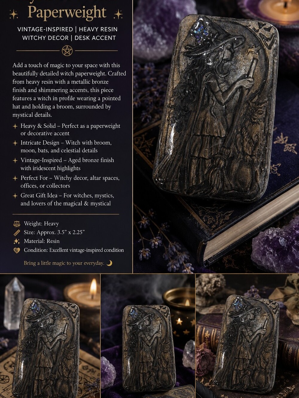 Vintage-Inspired Witch Paperweight - Metallic Bronze Resin
